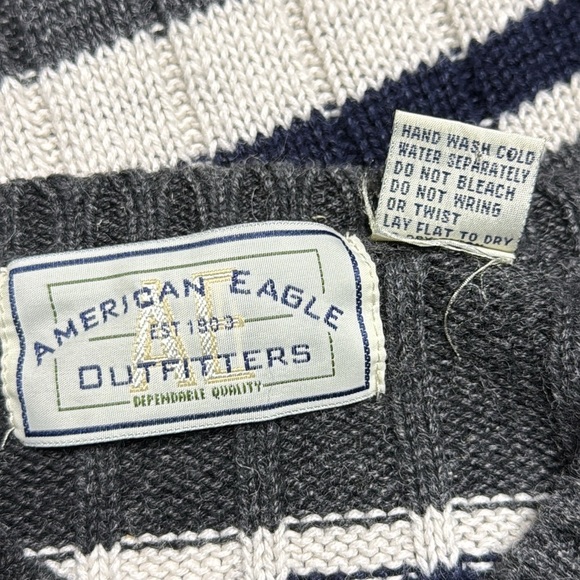 Vintage American Eagle Gray Navy Striped Crewneck Knit Sweater Size Large - Picture 8 of 8